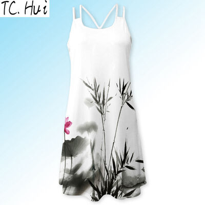 

Summer Dress Women Feather Print Vintage 3D Dress Sleeveless Boho Style Short Beach Dress 6 colors