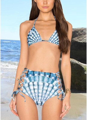 

2018 Women Two Piece Bikini Set Halter Plaid Print Padded Bandage Criss Over High Waist Sexy Bathing Suit