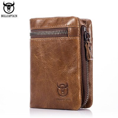 

BULL CAPTAIN 2017 CASUAL Short Trifold Hasp Zipper Wallet MEN Coffee Cow Leather Wallet Coin Pocket Money Purse Bag Card Holder