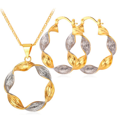 

Women Jewelry Sets Dubai 2015 Unique Design Mix Platinum/18K Real Gold Plated Two Tone Round Earrings Pendant Necklace Set