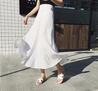 

High Waist Dot Print Midi Skirts Women Elegant Sweet Bohemian Skirts Korean Style Faldas Mujer Saias