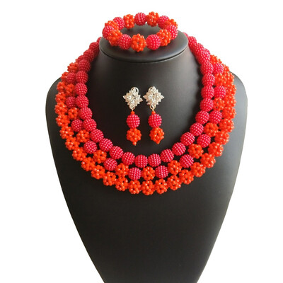 

Hot Sale 3 Rows Rose Color Crystal Ball Jewelry African Beaded Necklace Red Dubai Bridal African Wedding Beads Jewelry Set 2018