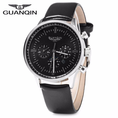 

GUANQIN Men Leather Quartz Watch with Calendar Display Moving Three Sub-dials