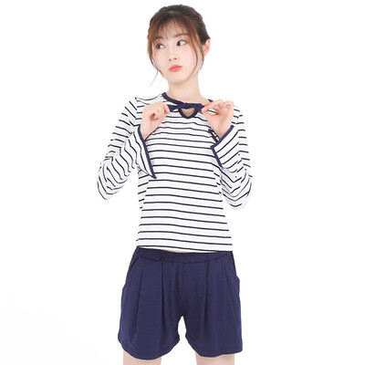 

Haizhining 17W45 pajamas ladies V-neck striped long-sleeved shorts summer wearable home service suit two-piece white stripes 175 XXL