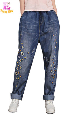

3XL 4XL casual cotton new summer 2018 jeans long pant big size blue denim trousers loose flower embroidery elastic waist
