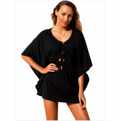 

Weis New Solid Color Round Neck Cross Strap Bat Half Sleeve Hollow Cloak Blouse Beach Sunscreen Skirt 420037