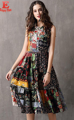 

S M L vintage new summer 2018 long dress women sleeveless print cotton slim A line mid calf elegant lady