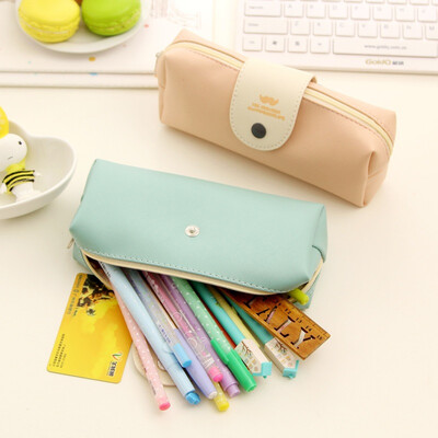 

Shouyou small fresh beard PU large capacity student stationery bag simple button pencil case pencil case JD-SN-56 blue