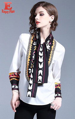 

M L XL XXL office new summer 2018 women blouse shirt long sleeve white vintage print loose lady with scarf