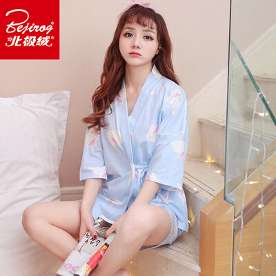 

Arctic velvet pajamas womens four seasons Korean version of the kimono suit can be worn outside short-sleeved casual home service suit printing cute rabbit L
