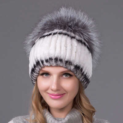 

Real Natural Rex Rabbit Cap Winter Thicken Warm Knit Cap Female Fox Hat Hot Sale New Discount