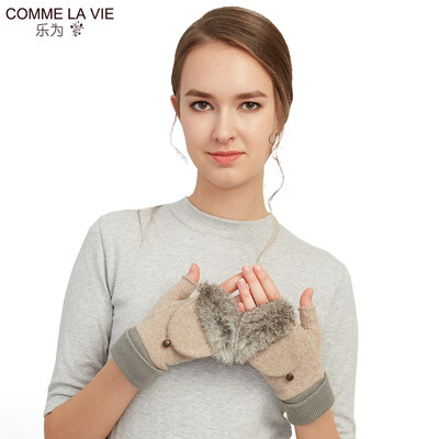 

Le for comme lavie wool gloves ladies winter cute half finger wool gloves autumn&winter days exposed finger flip dual-use rabbit fur mouth outdoor warm L10FD169 flower camel code