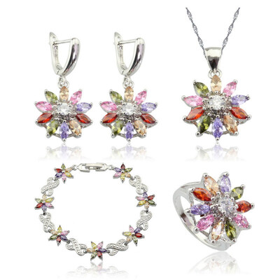 

Fashion Flower Red Stone Silver Plated Jewelry Sets for Women Two Colors Available Free Jewelry Box