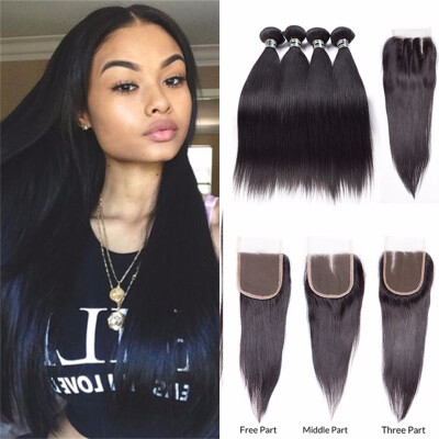 

Amazing Star Closure with Bundles Brazilian Straight Virgin Hair Bundles with Closure Virgin Human Hair 4 Bundles with 4x4 Closure