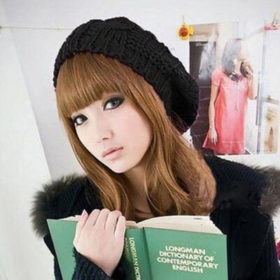 

Winter Woman Knit Beret Crochet Beanie Hat Cap Plain Color