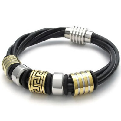 

Hpolw Leather Mens Bracelet Magnetic Stainless Steel Clasp Gold Black Silver - 8" 85" 9"