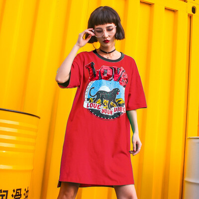 

2018 Spring&Summer New Trend Street Fashion Printing Split T-shirt Cotton Womens Short-sleeved Long T-shirt Plus Size