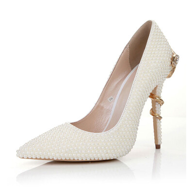 

White&elegant pearl Serpentine heel Sharp head Slender shoe Fashion high heel shoes