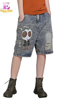 

XXL 3XL 4XL plus size casual cotton summer 2018 jeans pant big size to knee grey denim loose cartoon print ripped elastic waist