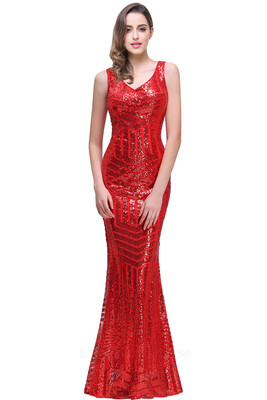 

MisShow Sexy Long Sequin Evening Dress 2018 Pink Red V Neck Evening Gowns Sleeveless Sheer Back Prom Party Formal Dresses
