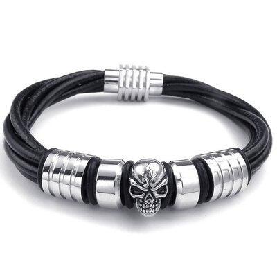

Hpolw Mens Leather Stainless Steel Bracelet Gothic Skull Charms Bangle Black Silver 8" 85" 9"