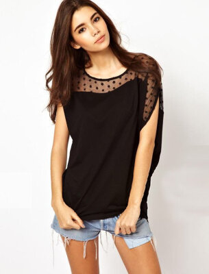 

Women Summer Polka Dots Net Yarn Stitching Asymmetrical Short Sleeve T-shirt Tops Blouse