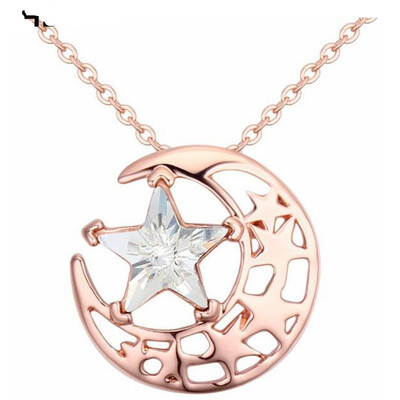 

Star And Moon Pendant Necklace MADE WITH Austrian Crystals From Swa Elements For Women Gift Rose Gold Plated 23547