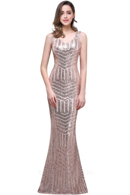 

MisShow Sexy Long Sequin Evening Dress 2018 Pink Red V Neck Evening Gowns Sleeveless Sheer Back Prom Party Formal Dresses