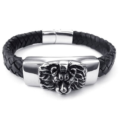 

Hpolw Mens black Stainless-Steel Leather Bracelet&Braided Gothic Lion Charms Spring buckle Bracelet