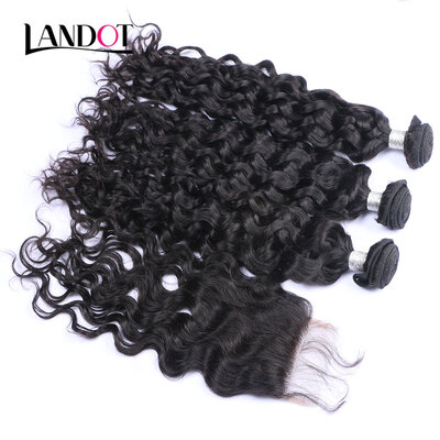 

9A Lace Closure With 3 Bundles Indian Virgin Hair Natural Water Wave 4 PcsLot Wet And Wavy Curly Human Hair Weaves And Closures