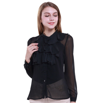 

2016 Spring New Wave Of Solid Color Black Blouse Shirt Long Sleeve Shirt Sweet Flounced Chiffon Blouse Shirt Perspective