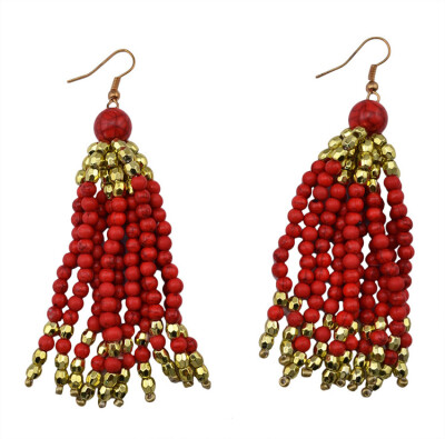 

Idealway Fashion Bohemian 3 Colors Red Blake Blue Beads Tassel Long Hook Dangle Earrings Women Jewelry