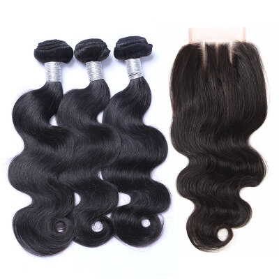 

8A Brazilian Virgin Hair Body Wave With Closure 3 Bundles Brazilian Remy Human Hair Weave And Lace Closure 4Pcs Lot Natural Black