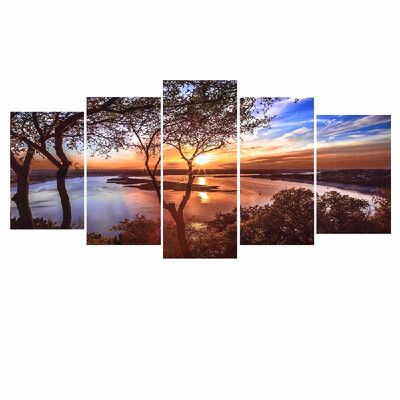 

HD Printed 5-Panel Unframed Sunset Landscape Pattern Canvas Painting Wall Art Modular Pictures Decor for Home Living Room Bedroom