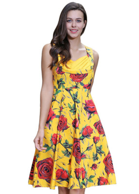 

2018 Strapless Retro Dress Floral Print 50s Vintage Dress Rockabilly Swing Pinup Women Summer Dress Party Club Casual Dresses