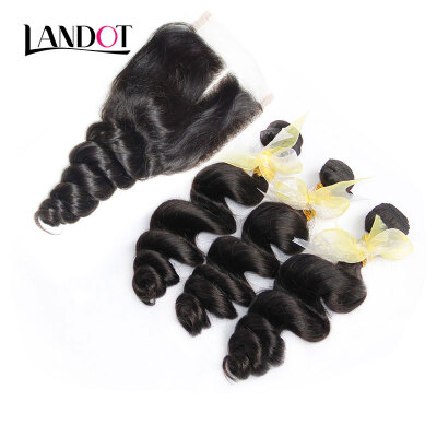 

8A Indian Loose Wave Virgin Hair With Closure 4 PcsLot Indian Loose Curly Wavy Remy Human Hair Weaves 3 Bundles And Lace Closures