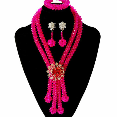 

2018 Hand Made Pink India Crystal Beads Bridal Jewelry Nigerian Wedding Costume Necklace African Beads Jewelry Set For Women