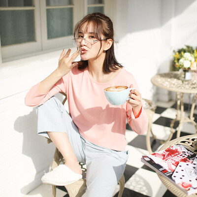 

Haizhining 17W49 Pajamas ladies sexy colorful nine-point sleeves long-sleeved trousers cotton home service suit home clothes two-piece pink 170