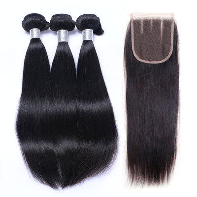 

8A Brazilian Virgin Hair Straight With Closure 3 Bundles Brazilian Remy Human Hair Weaves And Lace Closure 4 Pcs Lot Natural Black