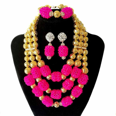 

New Dubai Pink Wedding Necklace Earrings Bracelet Jewelry Sets Nigerian Bridal African Beads Jewelry Set For Women