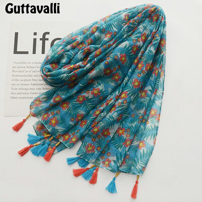 

Guttavalli Women Sky Blue Маленькие цветы Длинный шаль Женский хлопок Вуд Бусины Печать Шарф Bohemia Chevron Цветочные украшения Шарфы