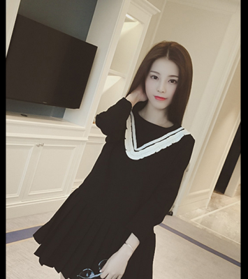 

Lovaru ™ Early autumn 2015 new women's temperament melting lace stitching pleated skirt show thin nine points sleeve dress girl