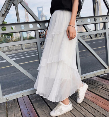 

Elastic Waist Mesh Patchwork Ruffles Midi Skirts Women Elegant Cascading Irregular Design White High Waist Party Skirts