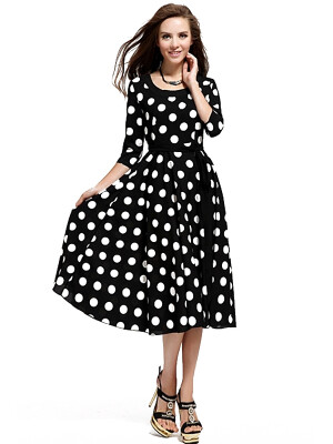 

Elegant Slimming Half Sleeve Round Collar Black Polka Dot Dress