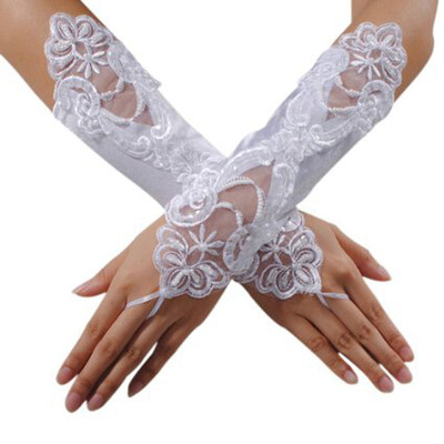 

White Bride Wedding Party Dress Fingerless Pearl Lace Satin Bridal Gloves