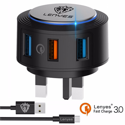 

3 Port Quick Charge QC30 wall plug adapter UK Wall Plug Portable Adapter with Power Suitable for Samsung S9 S9 with Type C Cable