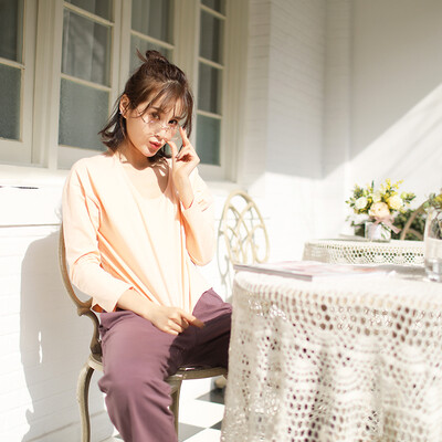 

Haizhining 17W49 Pajamas ladies sexy colorful nine-point sleeves long-sleeved trousers cotton home service suit home clothes two-piece light orange 175
