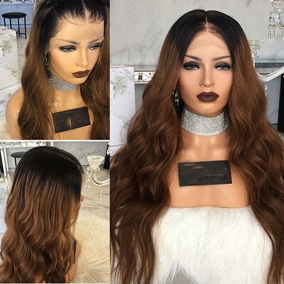 

Ombre T1BBrown Front Lace Human Hair Wigs Wavy Brazilian Virgin Hair Glueless Lace Wigs with Baby Hair 130 Density10-26 Inch