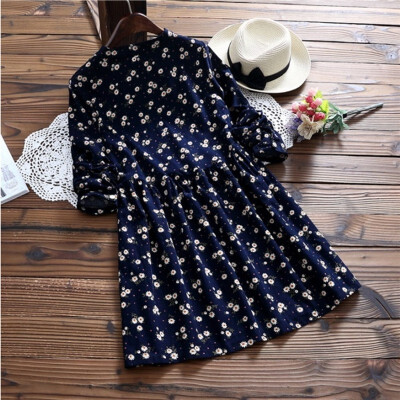 

2018 Long Sleeved Spring All Match Fashion Small Flowers Print Floral Fashion Corduroy Woman Dress