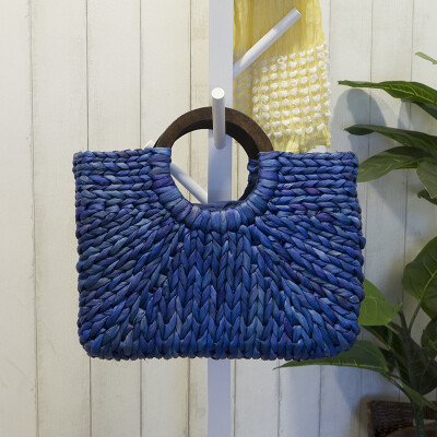 

Rectangle Rattan Totes INS Vintage Women Bohemian Fashion Handbag Top-Handle Concise Braided Bag Large Wood Handle Bags